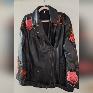 Free People Black Leather Jacket with Pink Floral Embroidery